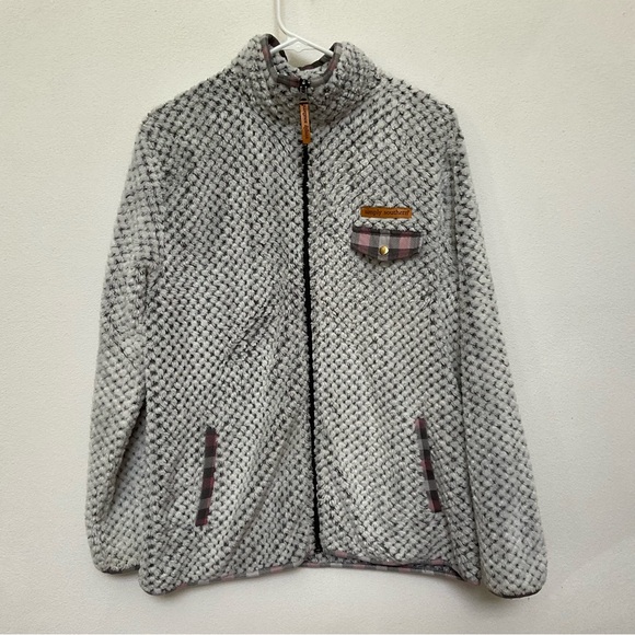 Simply Southern Grey Sherpa Fleexe Full Zip With Red Plaid Accents Size XL - Picture 1 of 7